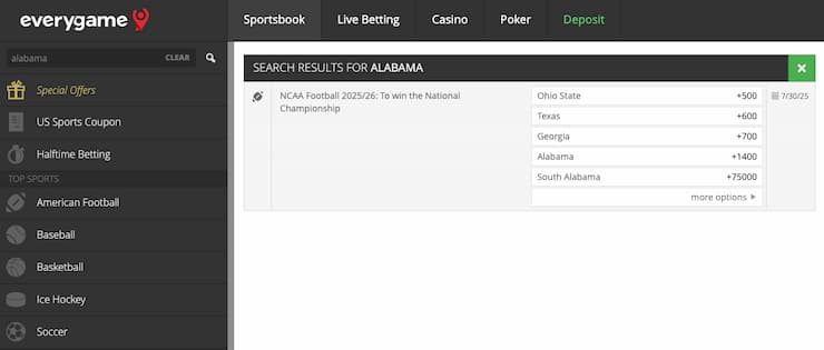 Betting page of Everygame, a standout among Alabama betting sites.